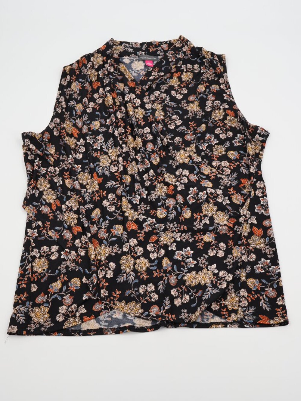 Vince Camuto Floral Draped Blouse Womens Large‎ Black Sleeveless V-Neck Top